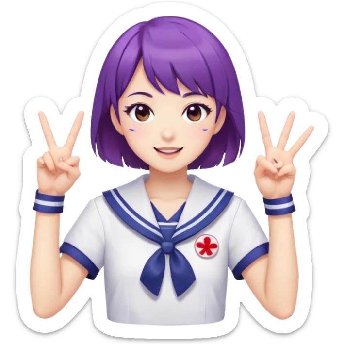 Energetic anime girl with short purple hair wearing Japanese sailor style school uniform, winking and making double peace signs, very cheerful and bubbly, kawaii style sticker