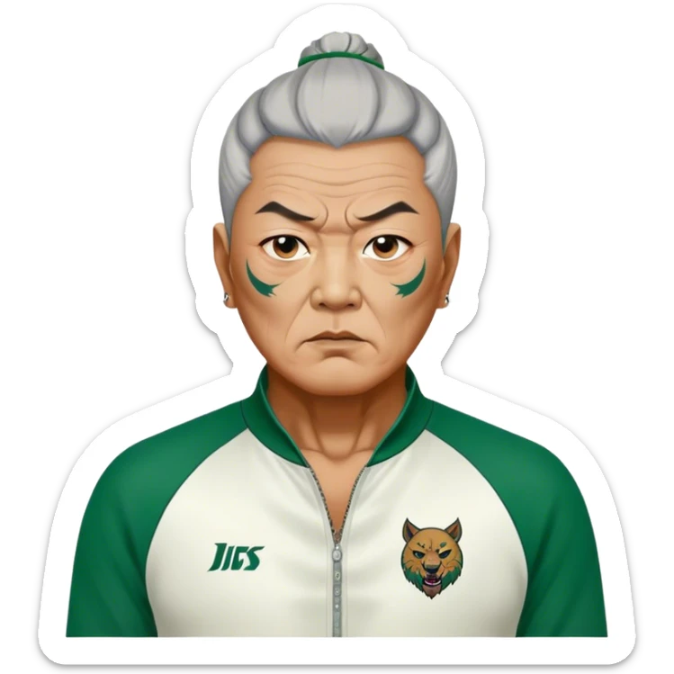 Jang Deok-su , Age: Late 60s
Appearance: A fierce man with tattoos, A large, have a tattoo on his neck.
Outfit: Green player tracksuit sticker