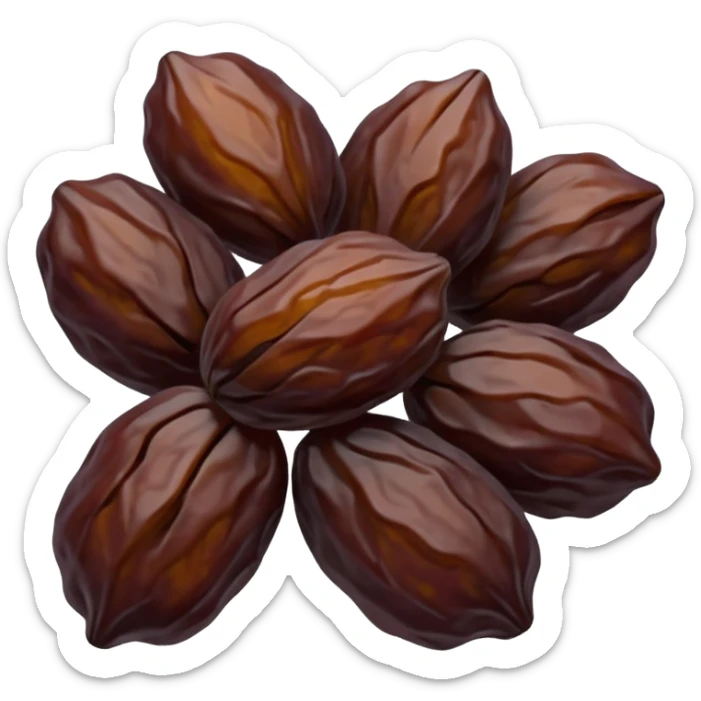 small cluster of dried raisins, deep brown to purplish tones, wrinkled, slightly glossy surfaces, irregular shriveled shapes, soft curves, subtle texture, no stems, no bowl, no garnish, soft lighting, subtle shadows, transparent background, emoji scale sticker