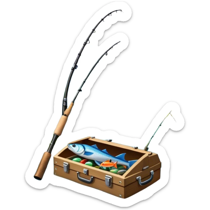 Icon for Fishing Travel: a boat on a calm lake surrounded by mountains and lush greenery, with fish jumping out of the water, a fishing rod, tackle box. The icon should capture the peaceful and adventurous nature of fishing trips. Transparent background. sticker