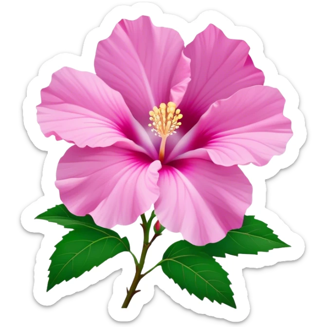Cinematic Realistic image of a Mugunghwa flower (Rose of Sharon), rendered with delicate petal textures and vibrant pink hues, set against a minimalist background with gentle, diffused lighting that highlights its national significance sticker