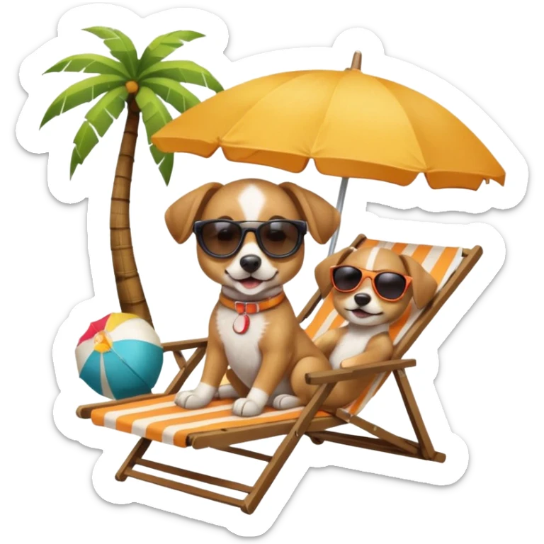 a dog laied on a beach chair, a sunny beach, a sun umbrella, and beach coconut trees. the icon should capture the essence of a relaxing beach vacation with a carefree atmosphere sticker