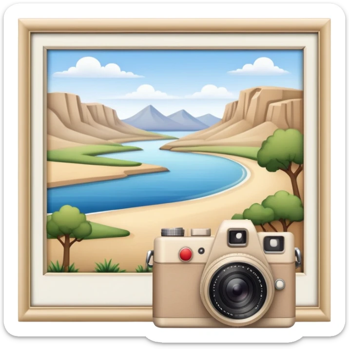 A beige camera and next to it a landscape photograph of the frame behind the camera sticker