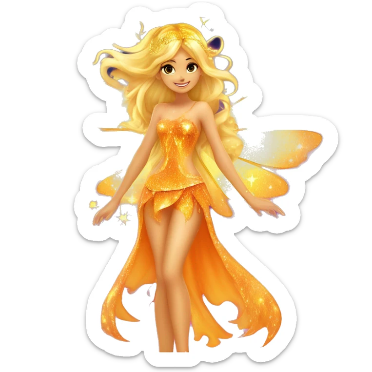 Stella adult latina fairy of the sun and the moon in her enchantix fairy orange two-piece clothing and fairy enchantix wings and long blonde hair from winx club. Lots of sparkles and fairydust. Full body pic and full fairy bliss sticker
