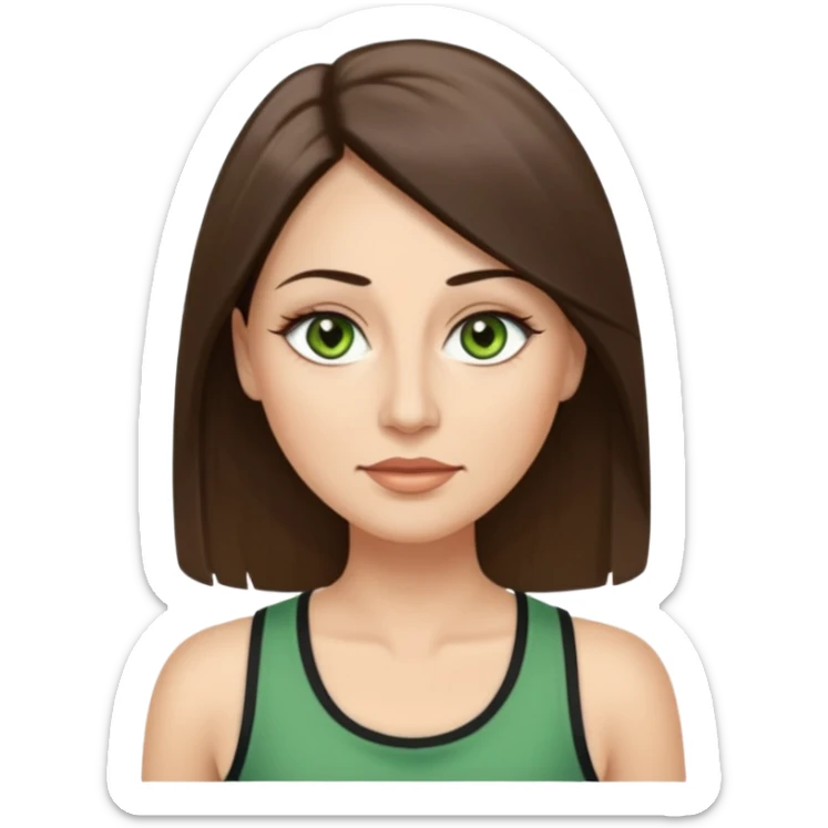 43 year old Adult woman avatar, light skin tone, long, oval face, long straight ashy brown hair, green almond-shaped eyes with dramatic eyelashes and minimal eyeliner, neutral mouth, medium straight eyebrows, average nose, smooth skin, high-neck tank top  sticker