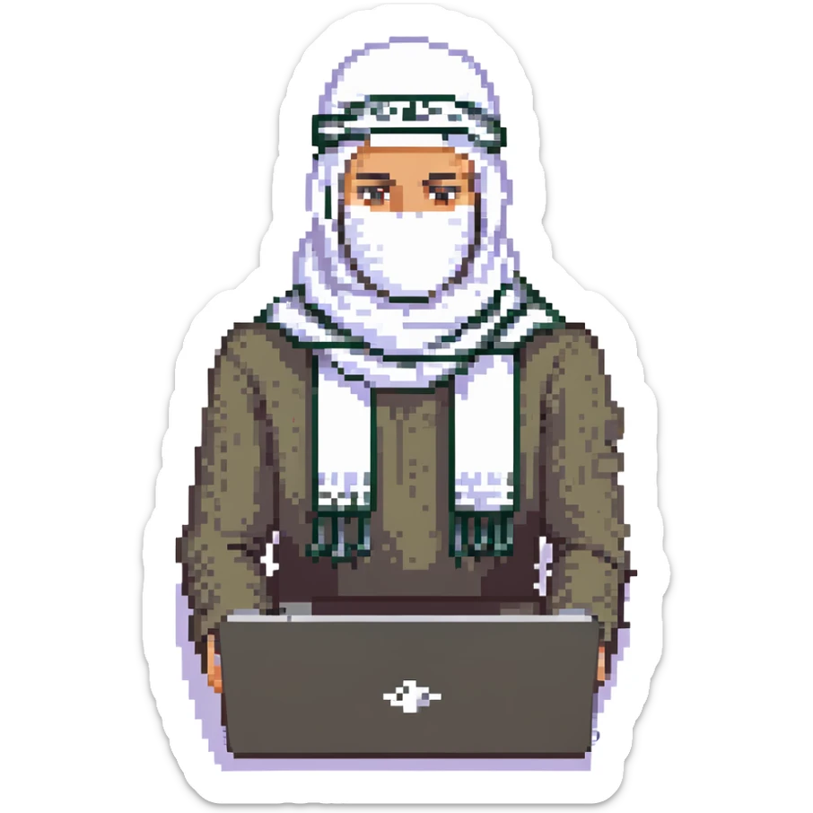 pixel art of a Palestinian person with a laptop, wearing a keffiyeh scarf sticker