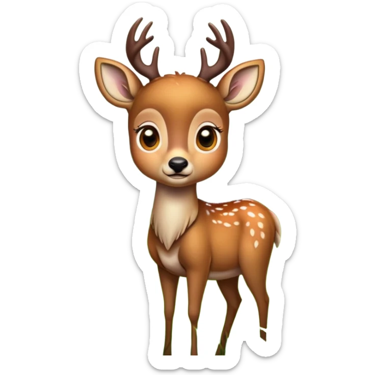 A detailed, cartoon-style emoji of a deer with large expressive eyes, gently grazing on fresh green grass in a serene forest setting. The deer has soft fur with subtle shading, and the grass is vibrant and textured. The background hints at a peaceful sticker
