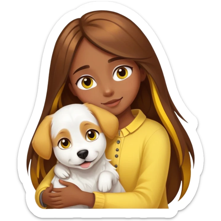 A girl with long brown hair with yellow highlights, big eyes and slightly dark skin happily hugs a white dog tightly sticker