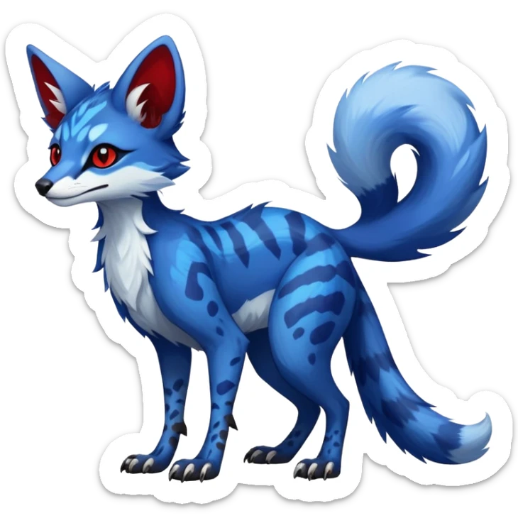 Feral Rare Fantasy sapphire-blue Vernid-Sergal-Genet-species by LiLaiRa, random markings, tufted ears, full body, 4 legs, darker ears, darker legs, red markings, white belly sticker
