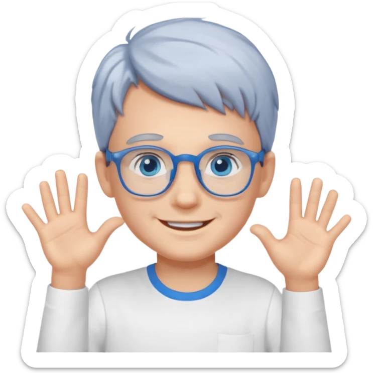 smiling boy in white shirt saying hi with blue glasses and blue eyes and gray hair  sticker