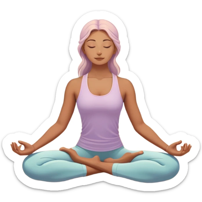 A peaceful person practicing yoga on a calm sea beach at sunrise, in a serene meditative pose. Soft pastel colors surround the scene, with gentle waves in the background and smooth, flowing lines representing balance and tranquility. The atmosphere feels centered and mindful. sticker