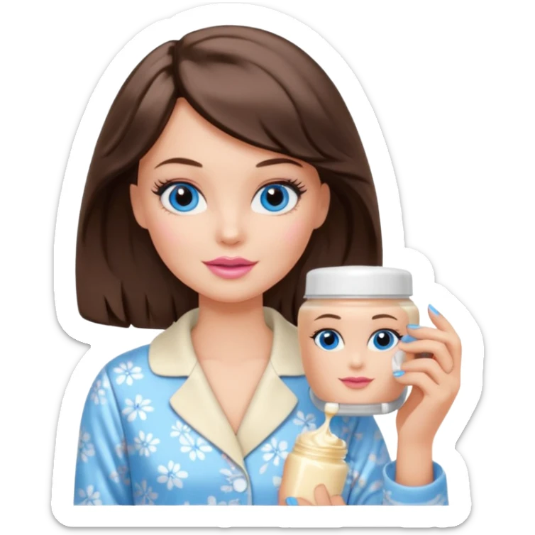 Barbie girl with makeup, blue eyes , and bob long haircut wavy, short brown hair in creamy color pajamas, face cream in hand sticker