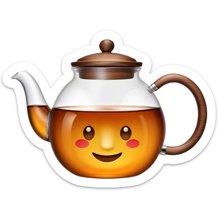 Cinematic realistic emoji depicting a transparent teapot with a realistic wooden lid and glass handle, filled with fragrant tea, rich texture, without unnecessary decoration sticker