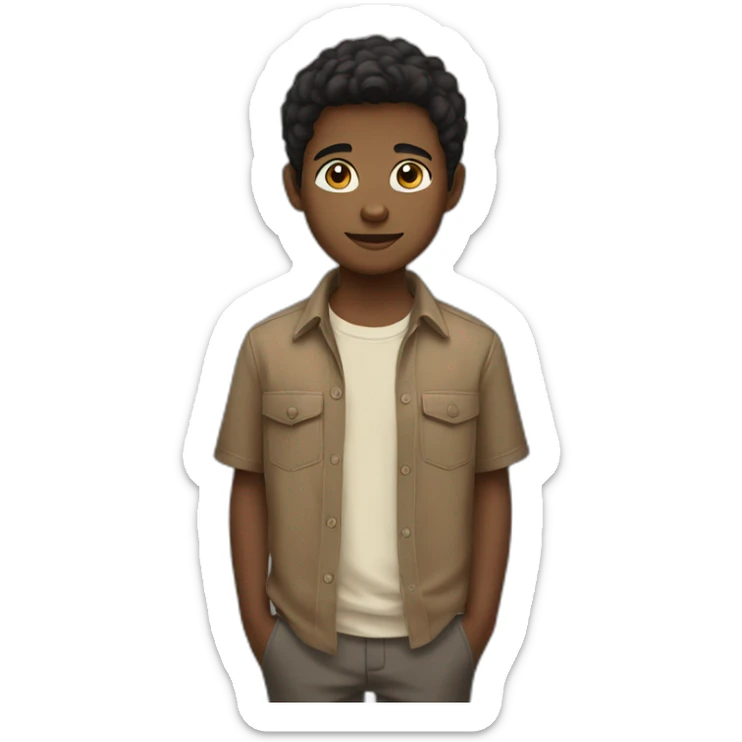 black hair fair skin young boy in brown button up shirt with a tshirt under sticker