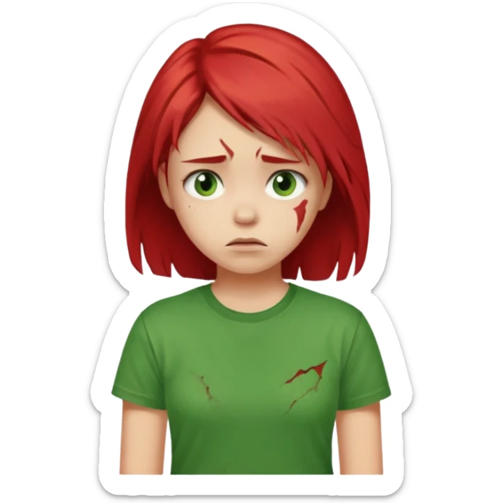 Young girl with red, damaged, and unattractive hair, wearing a green T-shirt, with a sad and subdued expression. sticker