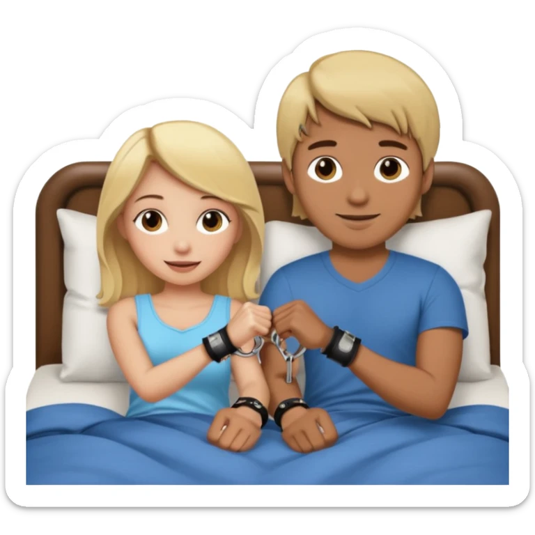 a blonde girl holding handcuffs with her brown haired boyfriend in bed  sticker