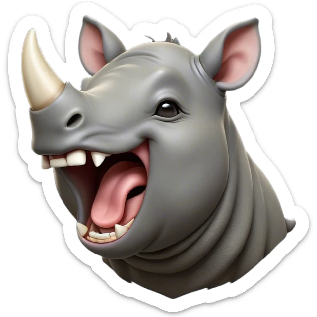 Cinematic Cute Yawning Rhinoceros Portrait Emoji, Head tilted slightly with a dramatic, wide-open yawn, showcasing a soft, textured slate-gray hide with a slightly drooping horn and eyes barely open in drowsy contentment, Simplified yet irresistibly adorable features, highly detailed, glowing with a soft, cozy glow, high shine, relaxed yet expressive, stylized with a touch of rugged whimsy, bright and endearing, soft glowing outline, capturing the essence of a sleepy yet affectionate rhinoceros, so drowsy it feels like it could stretch out of the screen and curl up for a nap! sticker