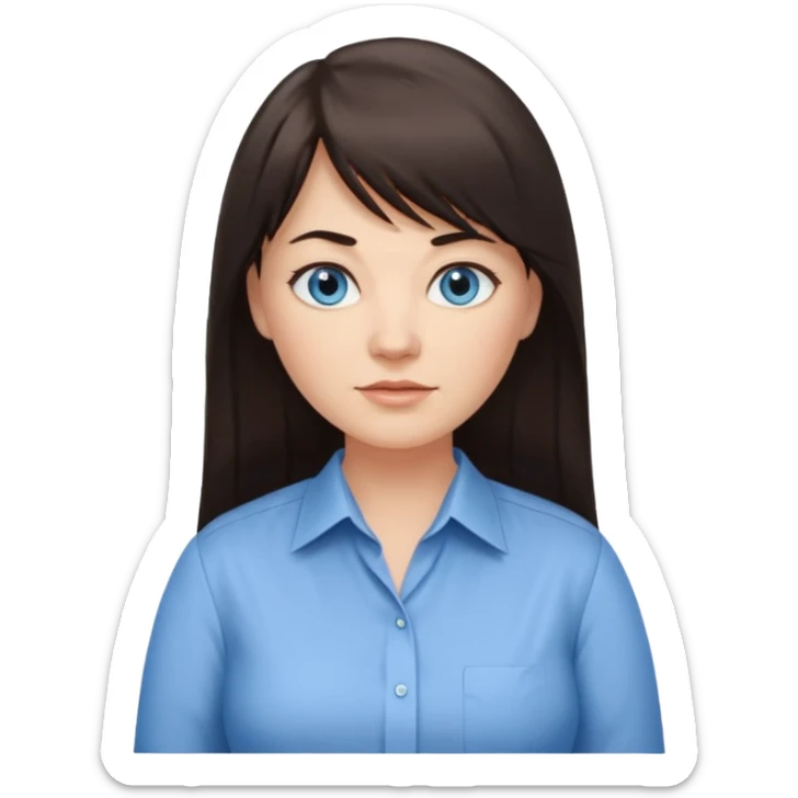 40 yr old woman, blue eyes, long straight dark brown hair, business shirt, chubby, bangs, long hair sticker