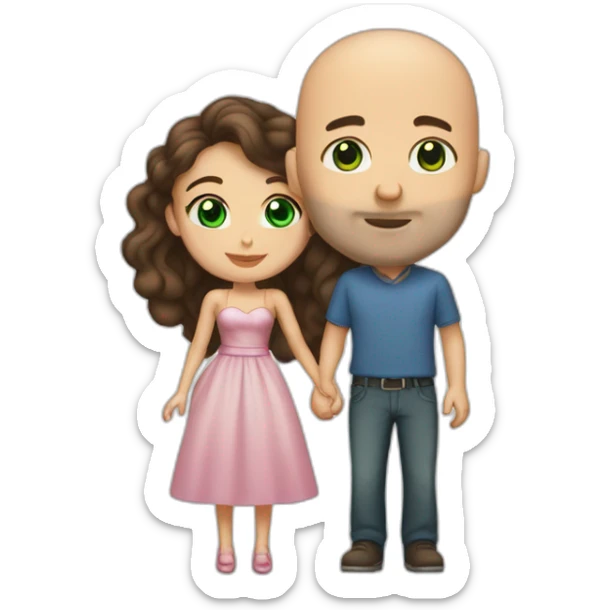 caucasian bald man with green eyes and a caucasian woman with long curly dark hair and brown eyes kissing sticker