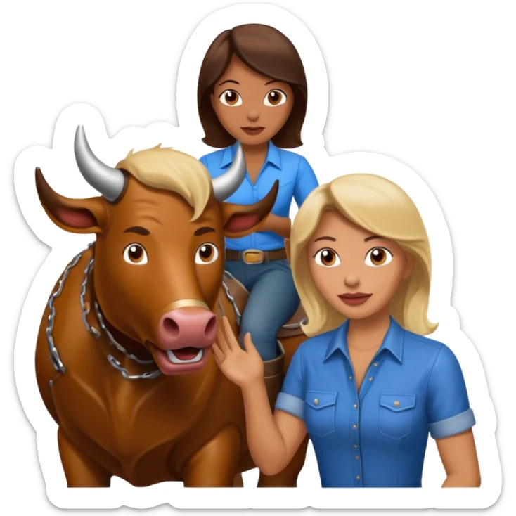 40 year old women talking to a guy in front of a mechanical bull sticker