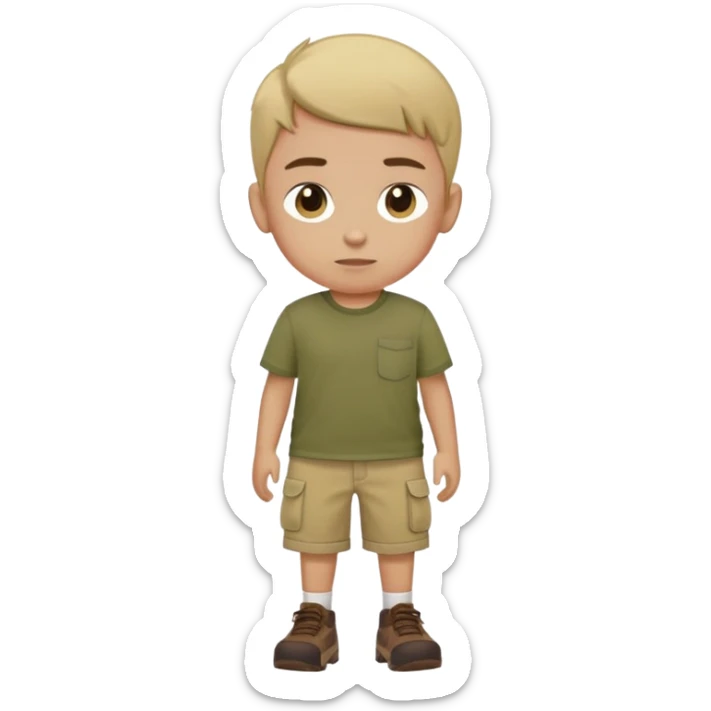 boy wearing an olive-green shirt over a brown T-shirt with beige cargo shorts sticker