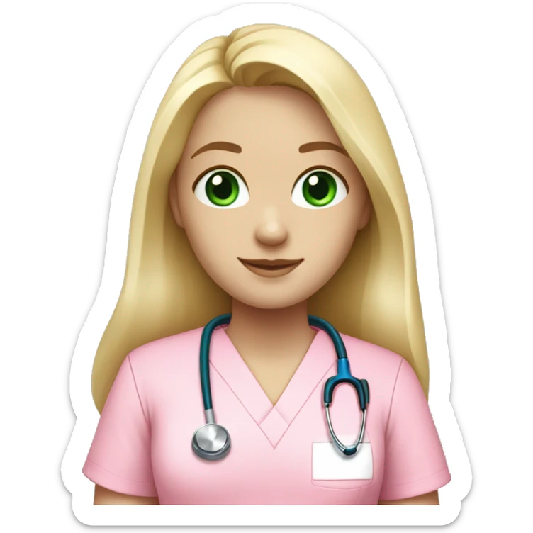 pale blonde girl with long hair and green eyes wearing pink scrubs and stethoscope  sticker