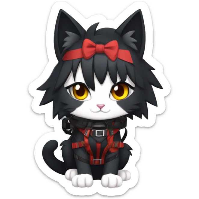 Anthro Edgy Cool Beautiful Black Cat-Fursona-Fakemon with Emo Hair-bangs with Red Chest Harness sticker