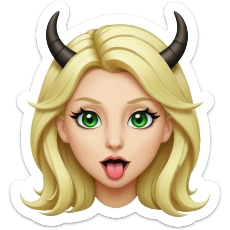 Emoji femme blonde habillée en noir cheveux blond, yeux vert avec de long cils noir qui tire la langue et à des cornes  sticker