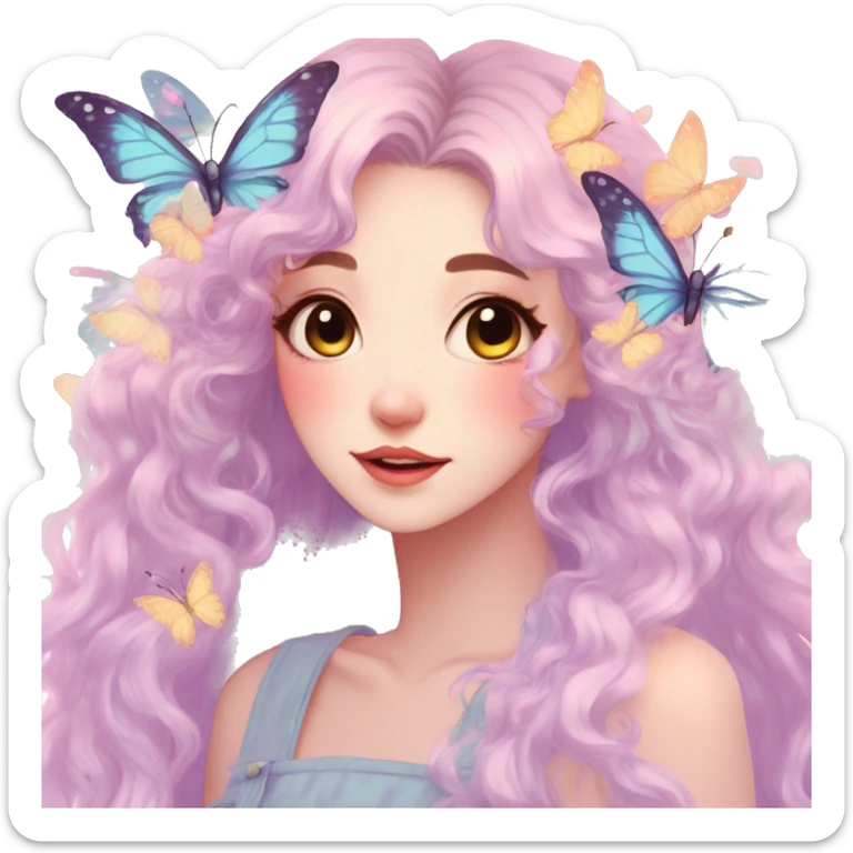 gorgeous anime pastel lady with butterflies and beautiful hair fairycore cottagecore sticker