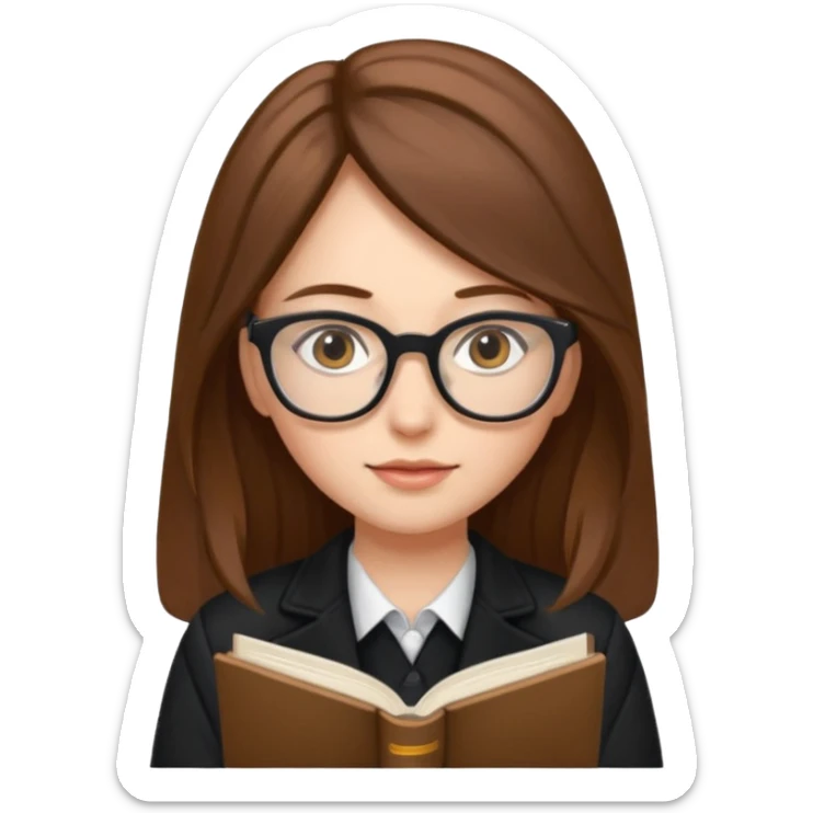 A girl with long brown hair and The leopards reading glasses and black jacket  sticker