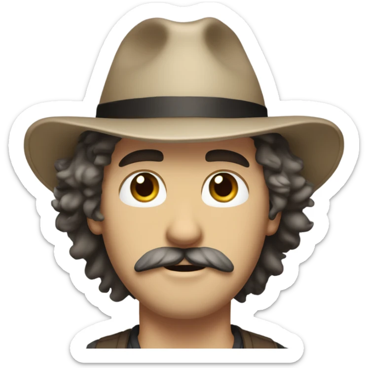 White guy with medium length shaggy hair and a hat. Brown eyes and a classic mustache no beard. Black hair sticker