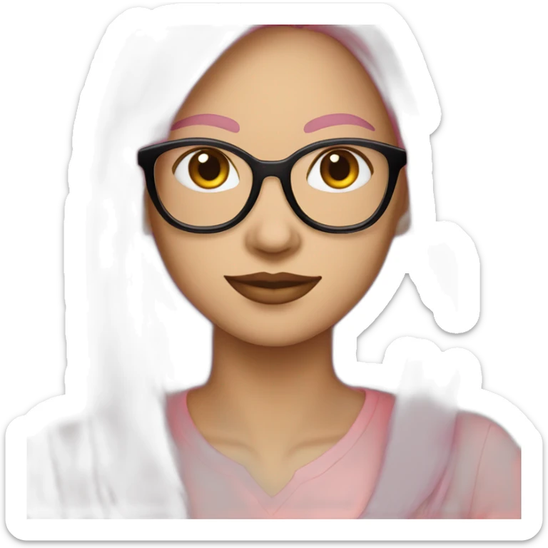 woman white skin with glasses in color pink nude, with long dark straight hair with laptop sticker