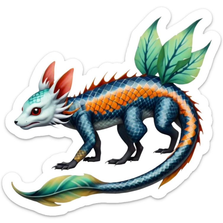 Edgy badass swimmy wet painted intricate ornate Japanese Asian koi-Sergal-Lykoi-Linoone-Electrike-Leafeon-fusion-hybrid-animal-Fakémon-creature, full body, thin long sleek scaly tail, intricate markings sticker