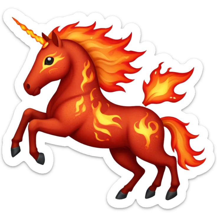 A red fast horse made of embers, magma, and visible lava, with flames burning around it and ash particles floating sticker