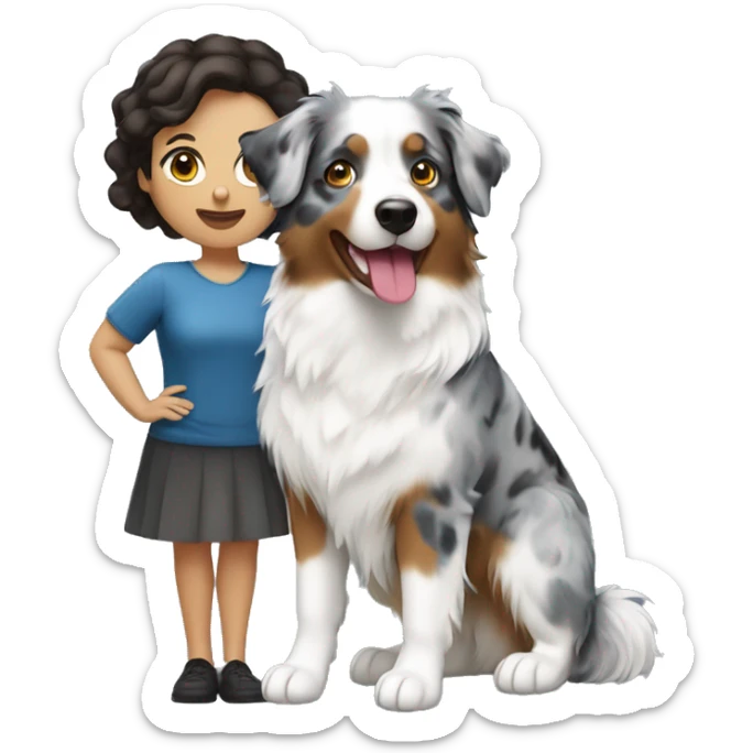 Brunette woman with short hair holding blue Merle Australian shepherd sticker