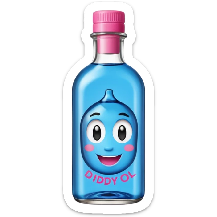 Smiling bottle of oil blue top pink outside with logo that says Diddy oil sticker