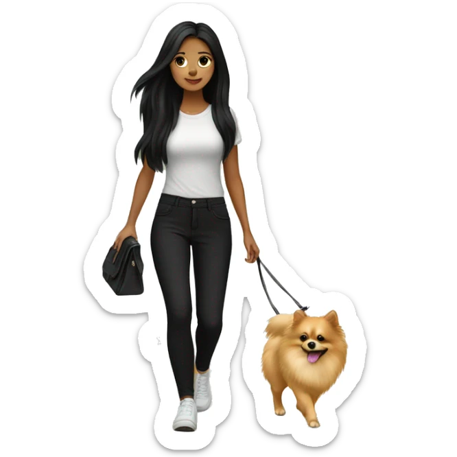 pale girl with long black hair wearing black pants walking with pomeranian sticker