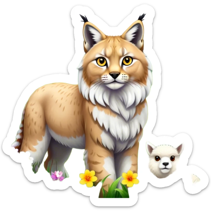 Collage of exotic animals: a lynx with striking eyes, and a fluffy alpaca standing in a lush meadow. The lynx gazes intently while the alpaca looks calm and curious. Surrounded by vibrant plants and flowers. Transparent background for a lively, colorful scene. sticker