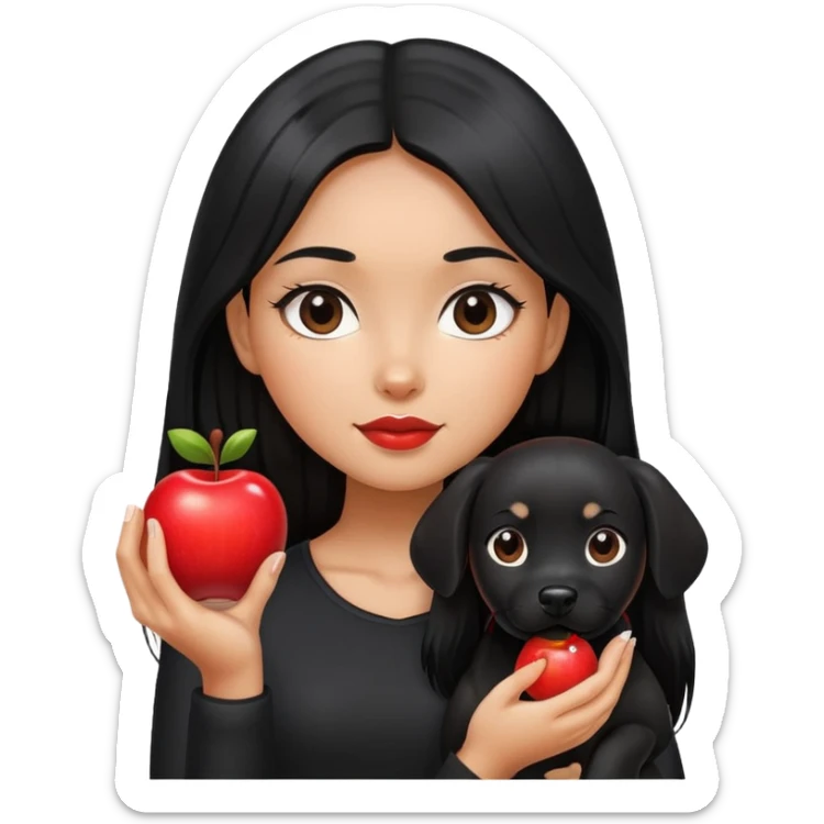 A girl with long black hair wearing black clothes holding a black dog in one hand and an apple in the other hand sticker