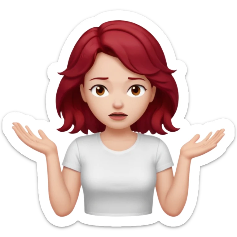 woman shrugging, eyes closed, white t-shirt, dark red hair sticker