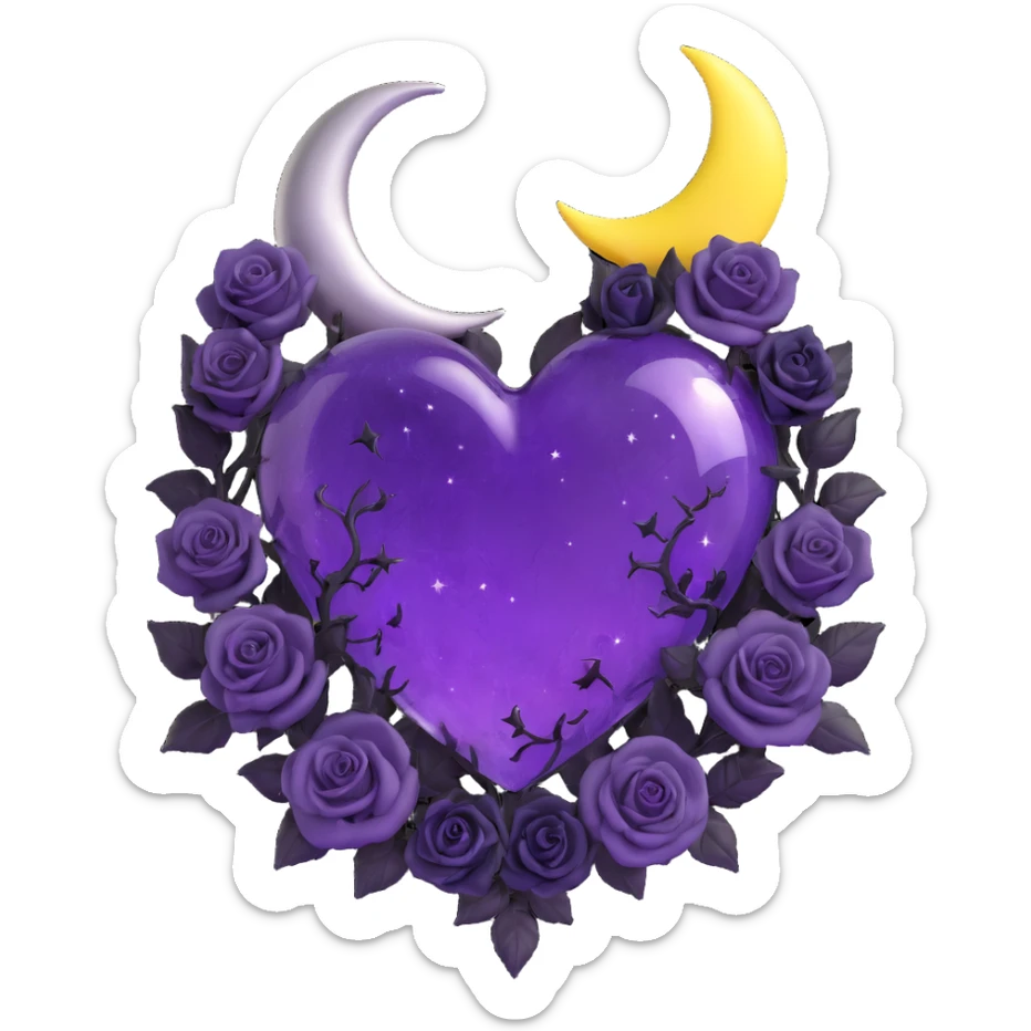 gothic heart made of purple glass with a silver crescent moon on the left, black roses at the base, subtle stardust, faint lightning, light rain, fine cracked glass texture sticker