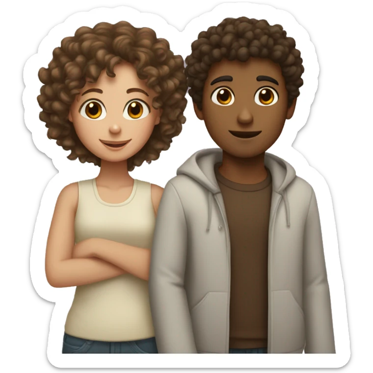 brown boy with curly hair with white girl with brown hair hearts sticker