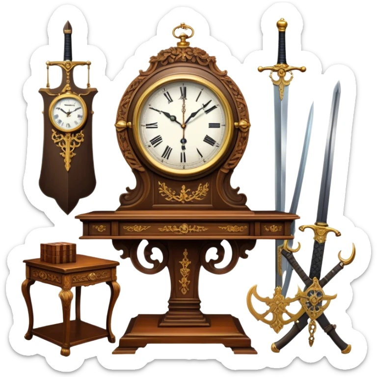 Icon for Antiques Collecting: a vintage clock, intricately carved furniture, famous paintings, antique swords, and rifles. The items are displayed on a wooden table or shelf. The icon should evoke the rich history and craftsmanship of antique collecting. Transparent background. sticker