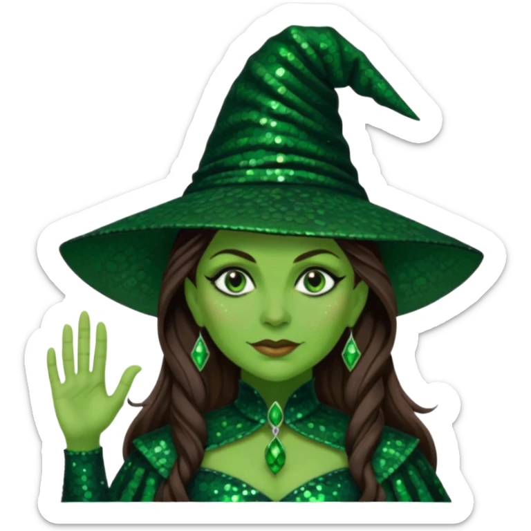 Elphaba, Wicked Witch of the West from The Wizard of Oz with long brown hair, dark green sequin outfit, green skin sticker