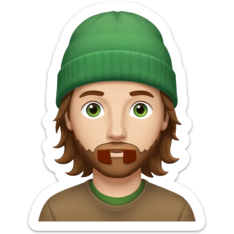 white man
aged 40
Blue eyes, 
mid length brown wavy hair
Green beanie hat sticker