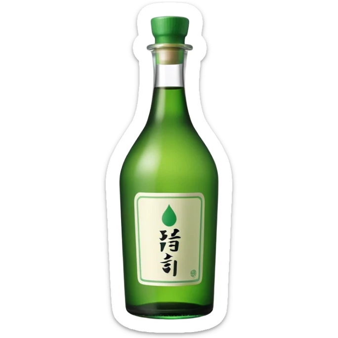 A clean, cute emoji-style green soju bottle, small Korean soju bottle with green glass, simple label in Korean style, minimal flat design, soft shading, centered, white or transparent background, high contrast, rounded friendly emoji look, 1:1 aspect ratio, app icon style sticker