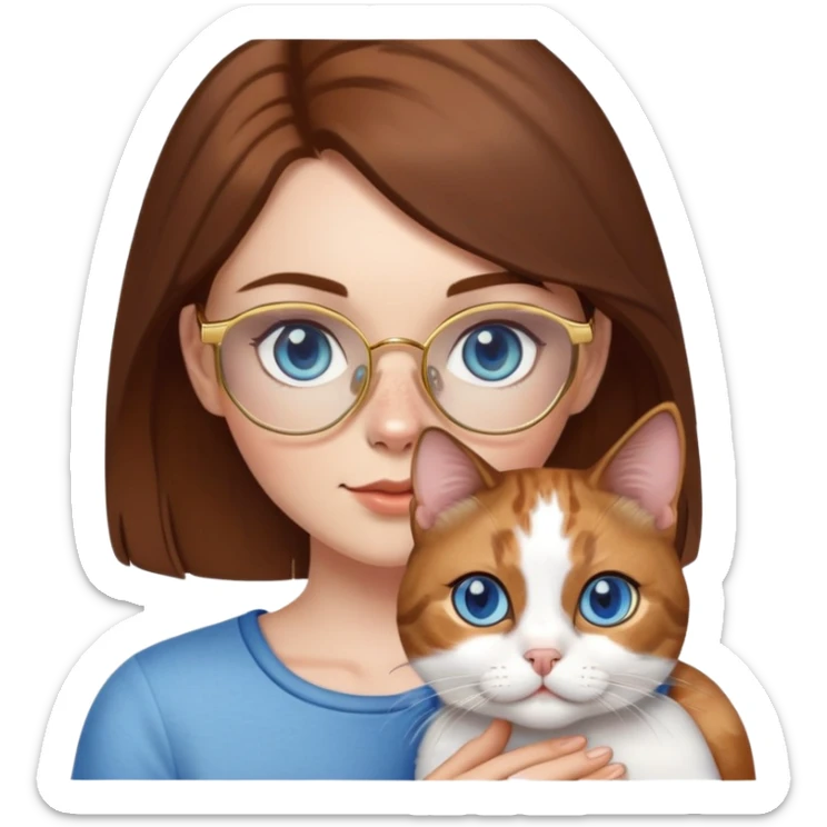 White girl with blue eyes, brown hair, freckles, and gold glasses, holding a small calico cat sticker