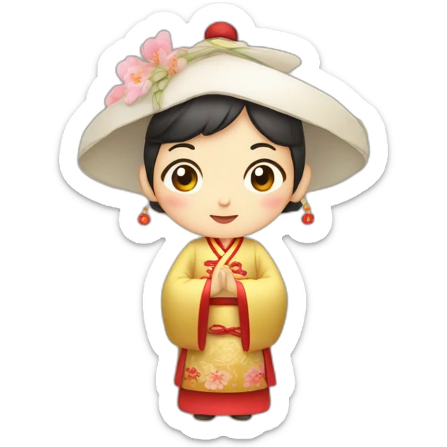 Chinese middle aged lady wear Chinese traditional dressd with a sign of agreeable  gesture sticker