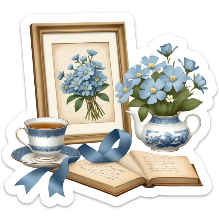 A timeless arrangement of a dusty blue silk ribbon loosely wrapped around a bundle of aged letters, with pressed white flowers and a porcelain tea set in the background.
 sticker