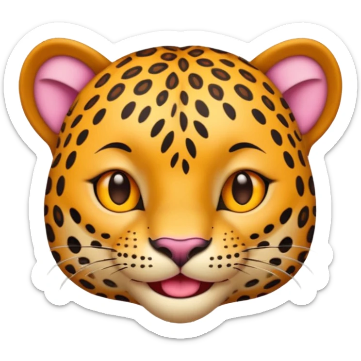 A leopard with smile and mouth closed, A pink flower with a yellow center is tucked behind its right ear
 sticker